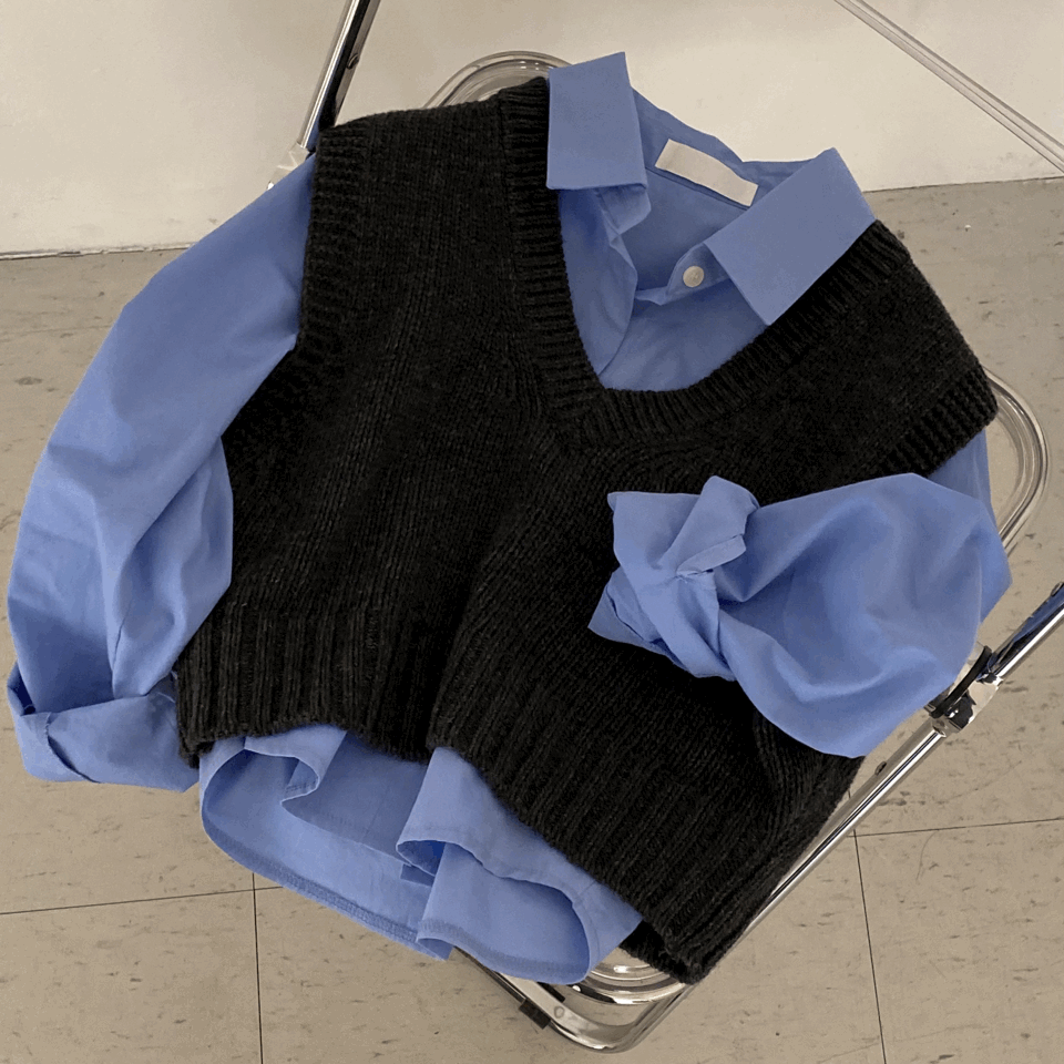 [인기코디SET] 카프 크롭 셔츠,남방 블라우스 + 크롭 니트조끼 투피스 - set